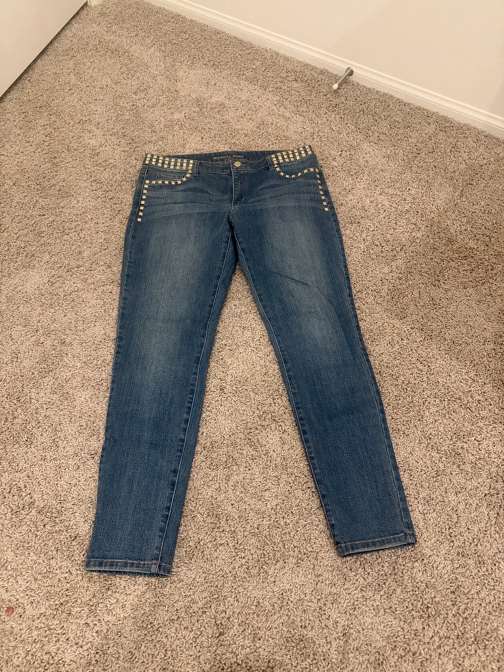 Michael Kors Dark Blue Skinny Jeans with Gold Stud Accents
